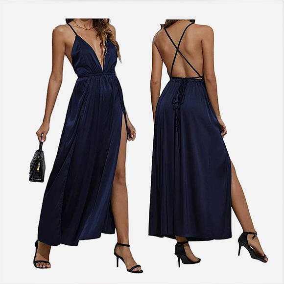 navy knit sleeveless dress high slit .. L